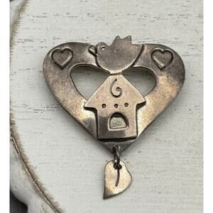 Vintage Far Fetched 925 Bird and Birdhouse with Hearts Brooch 5.1G /1.5in